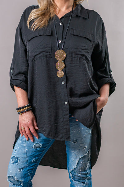 Long-Bluse mit Hemdtaschen, schwarz