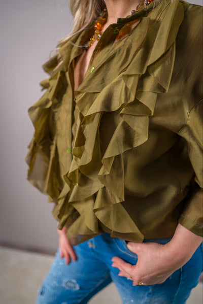 Bluse mit eleganten Volants, olivgrün