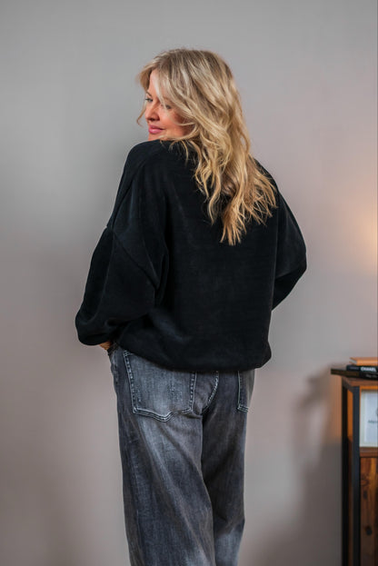 Kuscheliges Sweatshirt in Cordoptik mit Statement-Print, schwarz
