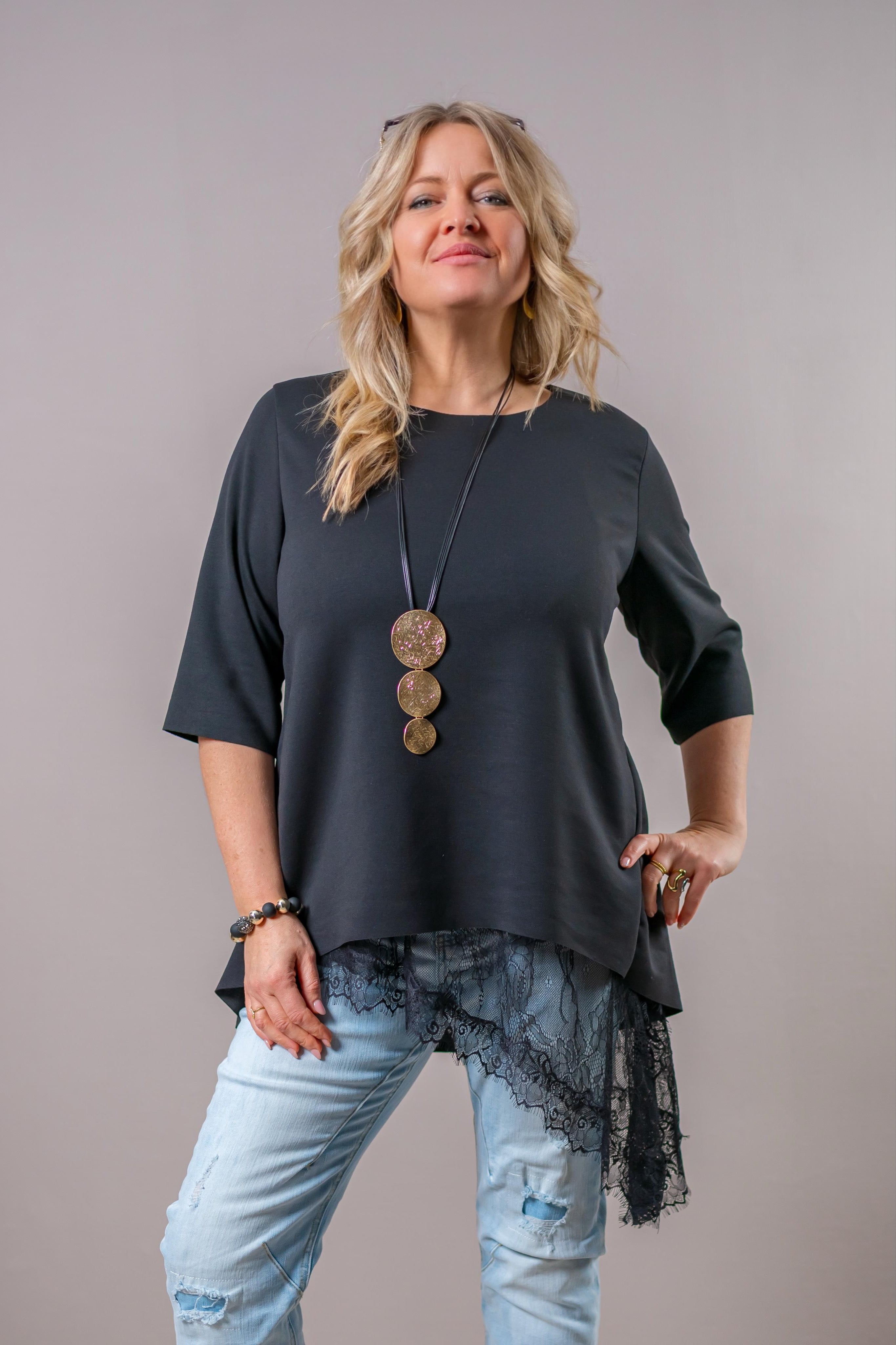 Asymmetrisches Longtop aus Spitze, schwarz