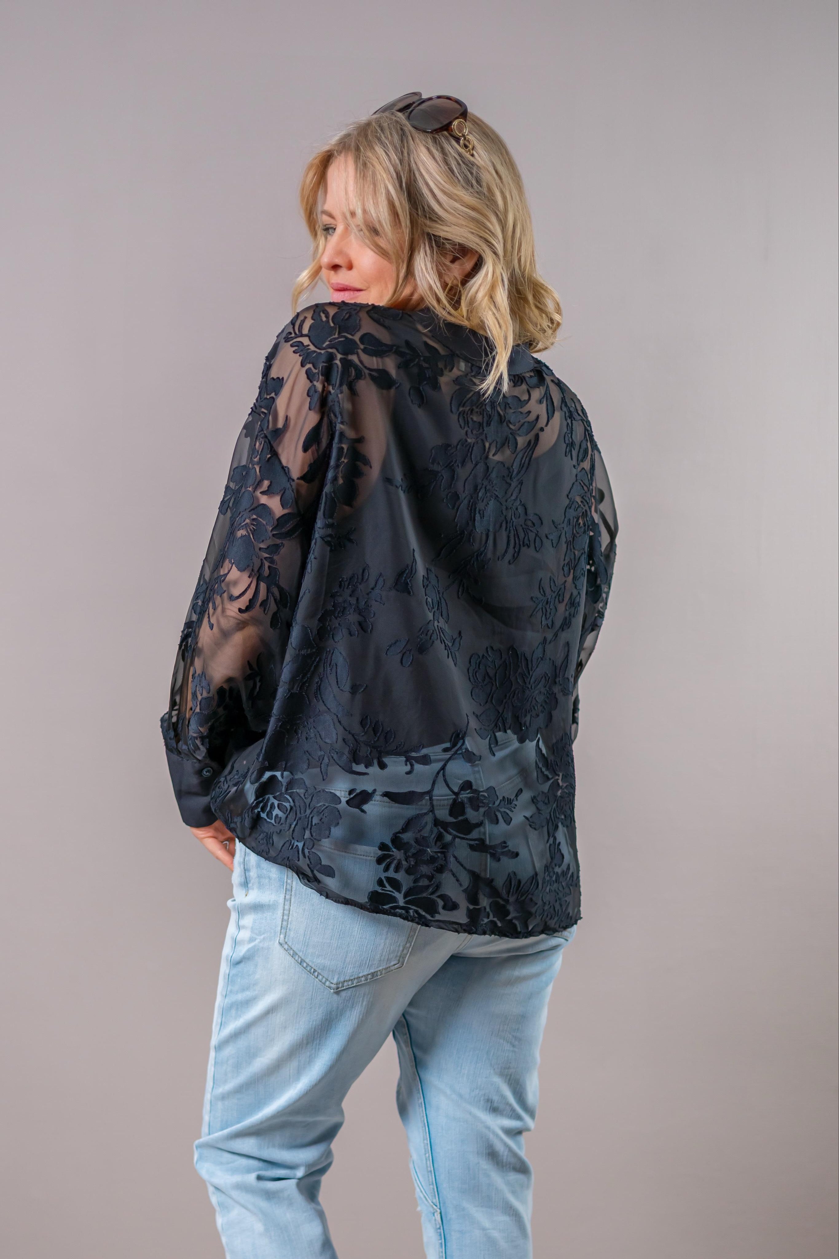 Transparente Knotenbluse mit floralem Samtmuster, schwarz