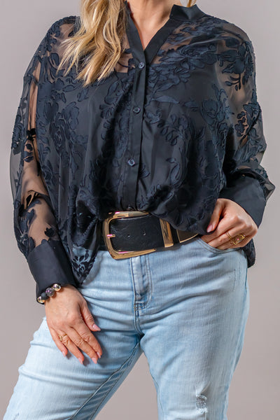 Transparente Knotenbluse mit floralem Samtmuster, schwarz