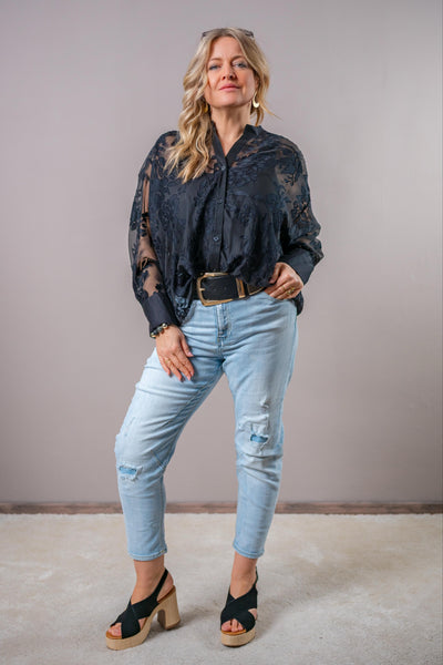 Transparente Knotenbluse mit floralem Samtmuster, schwarz