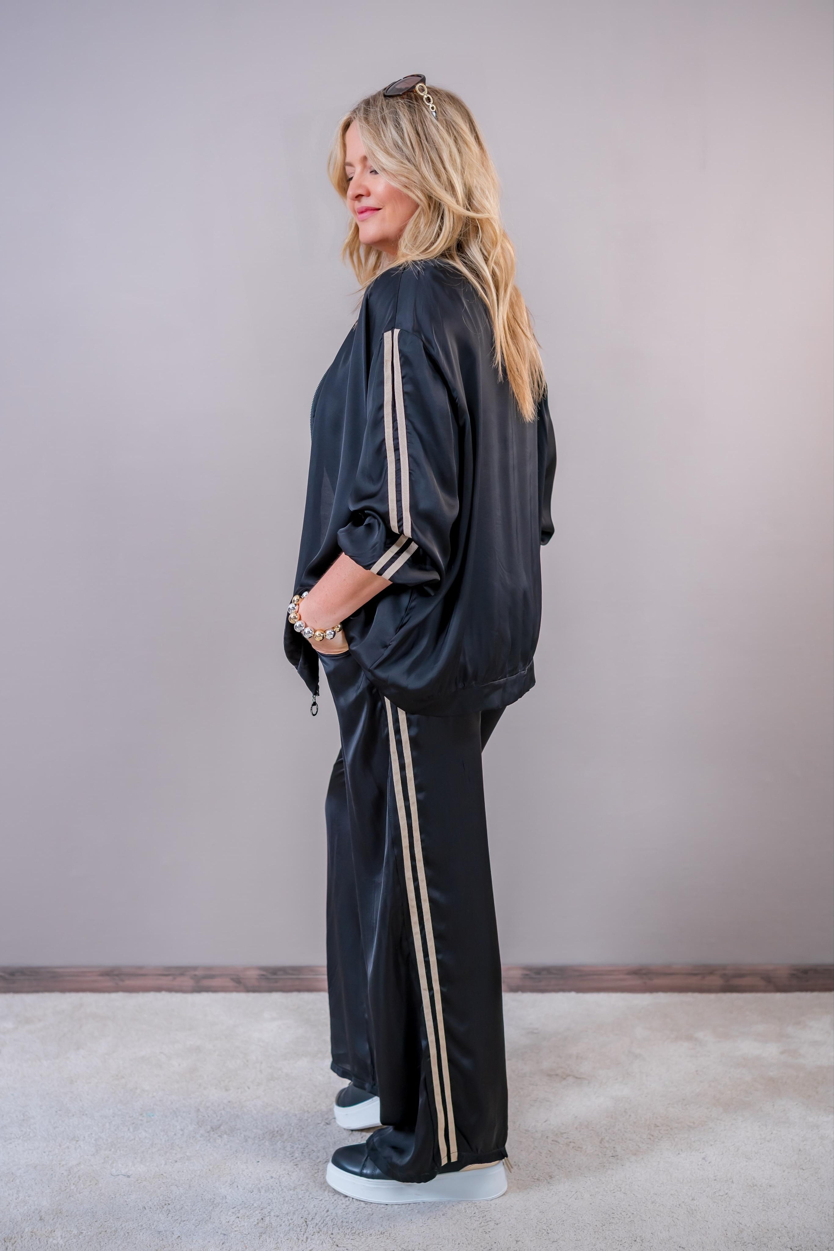 Sportliche Satin-Hose mit Kontraststreifen, schwarz/gold