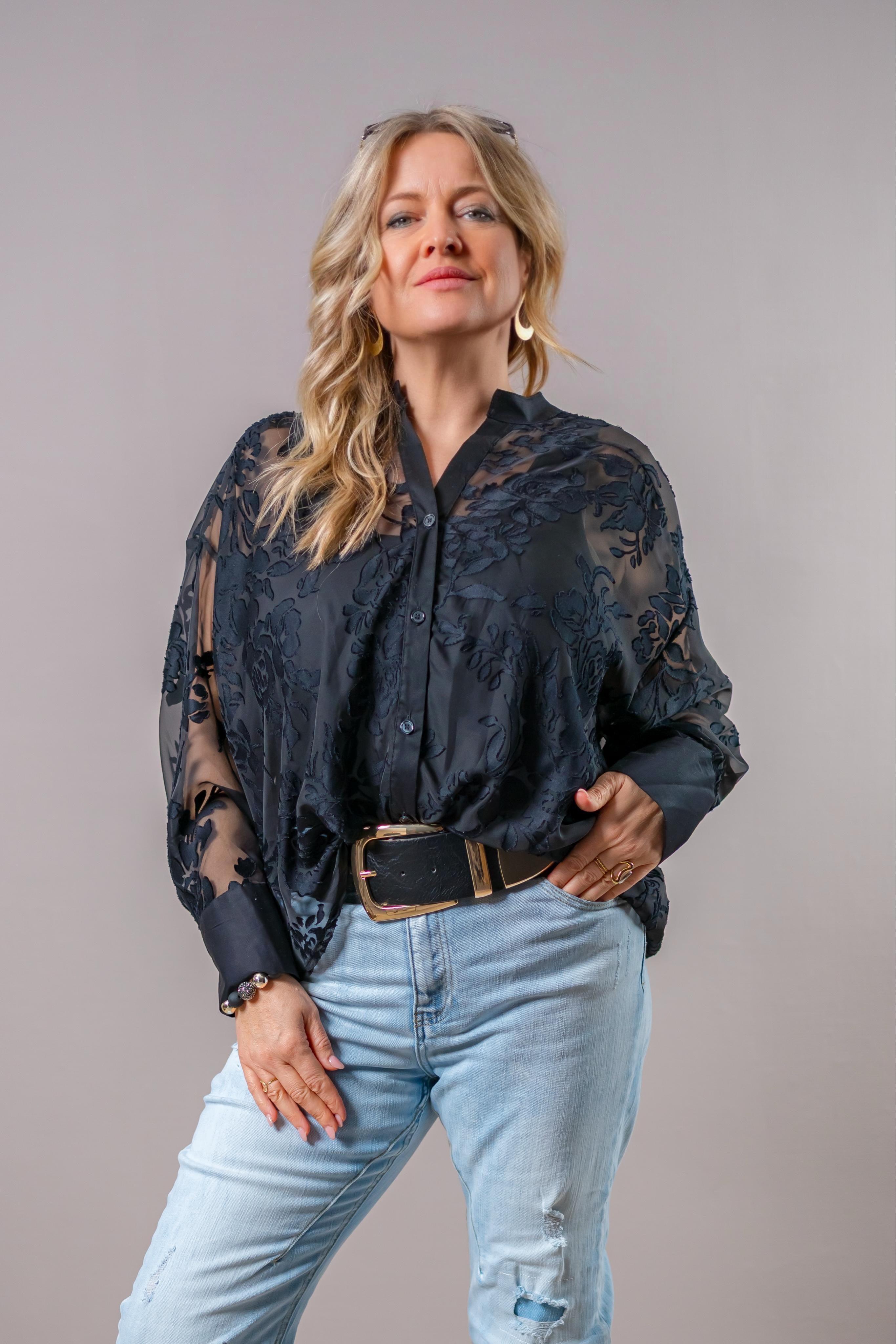 Transparente Knotenbluse mit floralem Samtmuster, schwarz