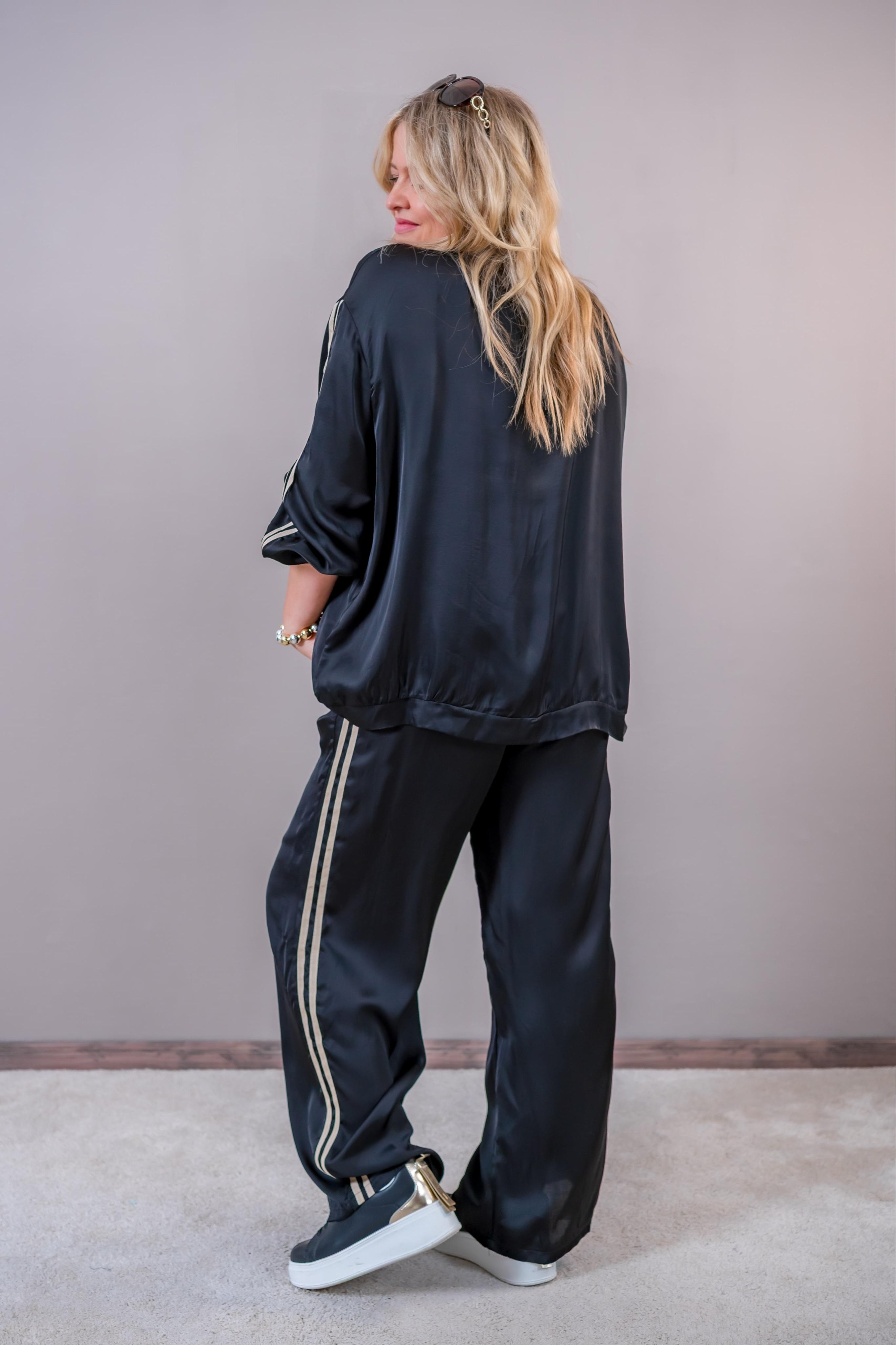 Sportliche Satin-Jacke mit Kontraststreifen, schwarz/gold