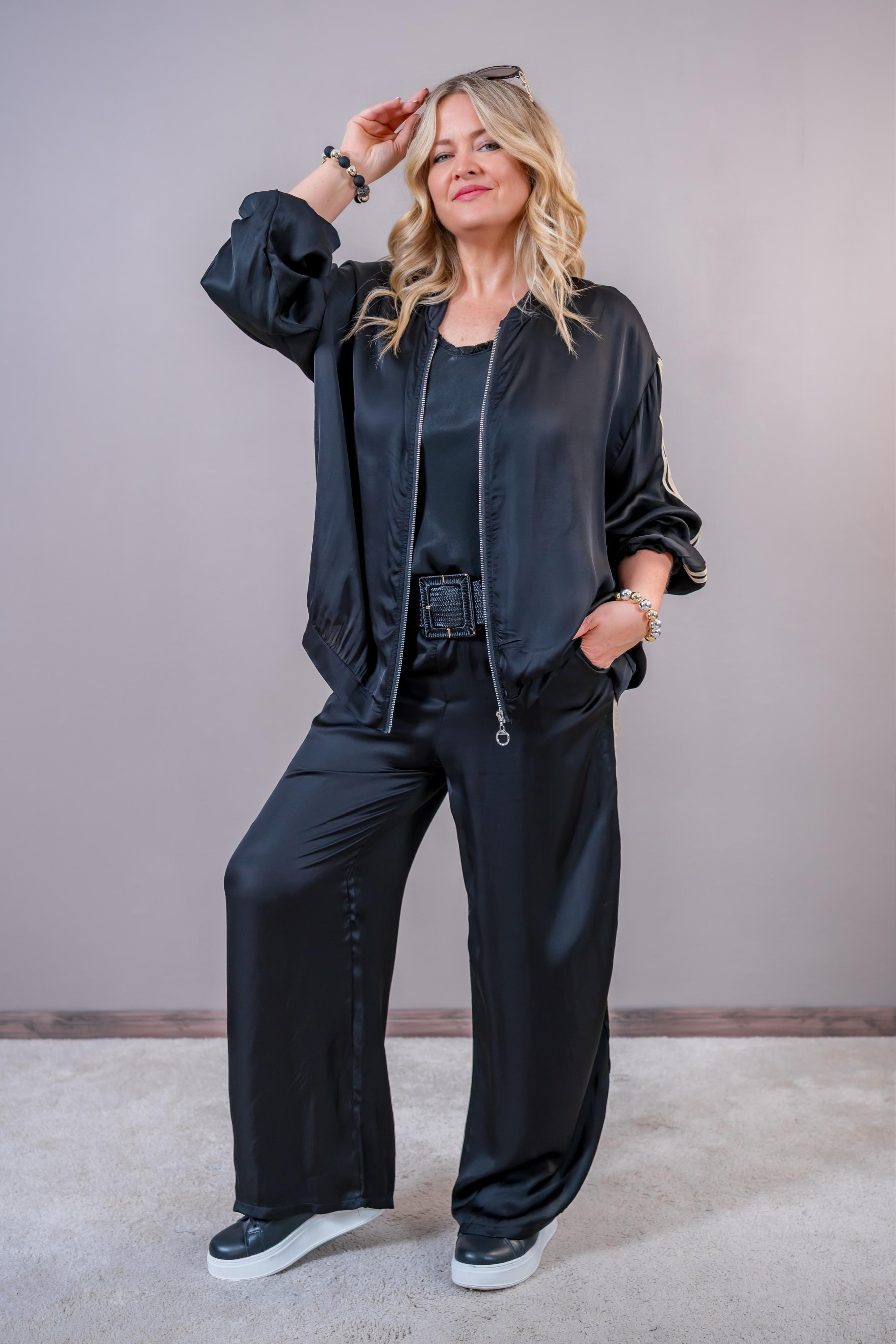 Sportliche Satin-Jacke mit Kontraststreifen, schwarz/gold