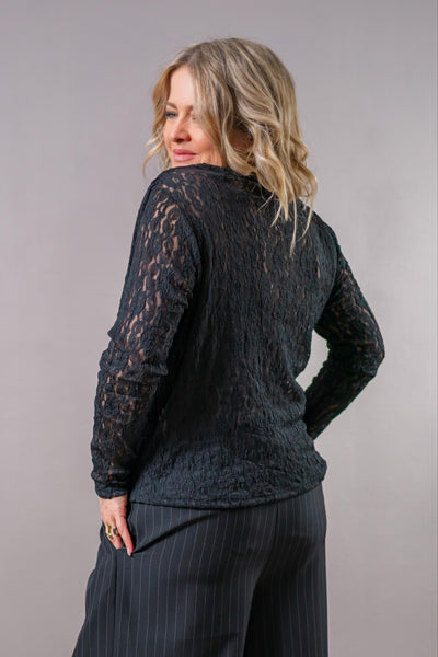 Langarmshirt mit Spitze und Wasserfallausschnitt, schwarz