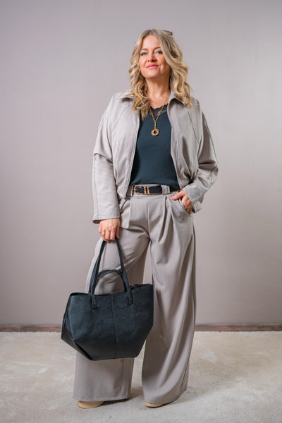 Wide Leg Hose mit Bundfalten, grau-beige