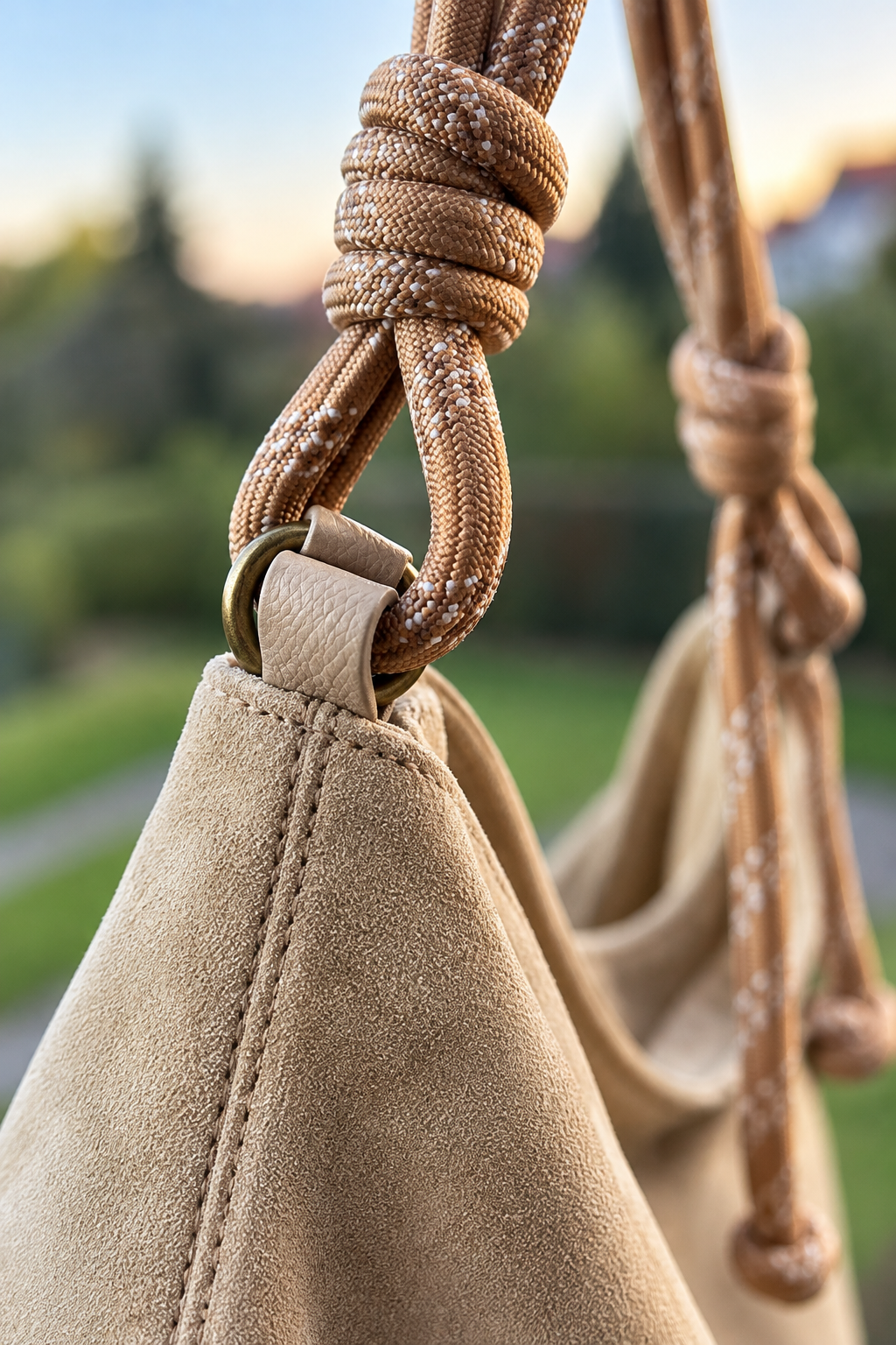 Hobo Bag in Velours-Optik mit Kordelträger, sandbeige
