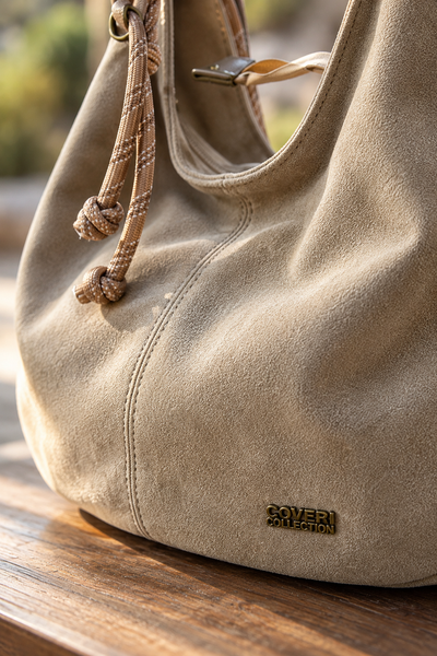 Hobo Bag in Velours-Optik mit Kordelträger, sandbeige