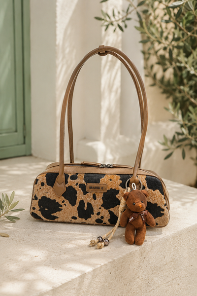 Elegante Vintage Baguette-Tasche mit Animal-Print & Teddy-Anhänger