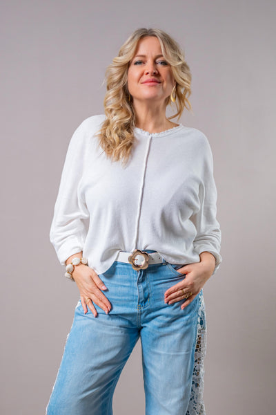 Feinstrick Shirt mit V-Ausschnitt, off-white