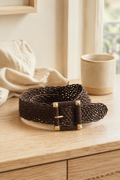 Boho Flechtgürtel Schokobraun/Gold, Eckige Schnalle