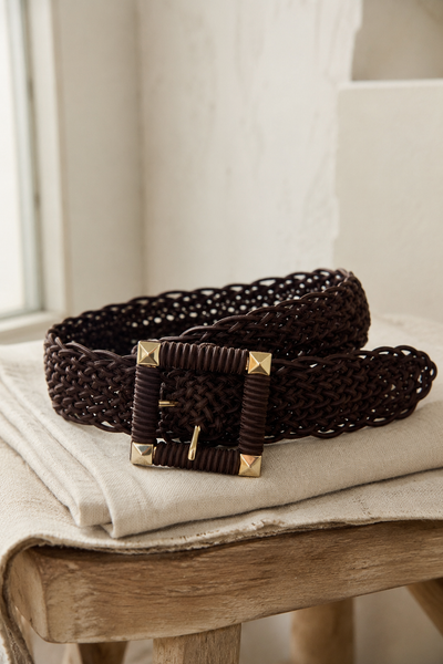 Boho Flechtgürtel Schokobraun/Gold, Eckige Schnalle