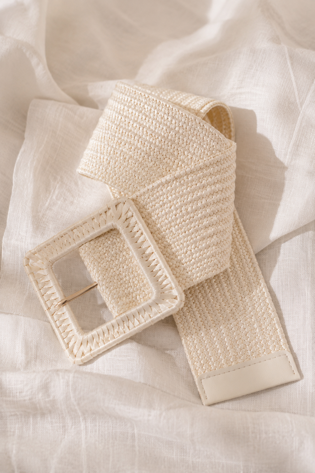 Breiter Stretchgürtel Creme-Gold, Eckige Schnalle