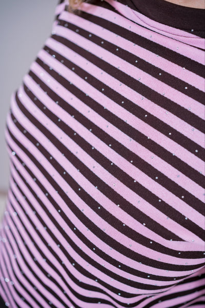 Ringel-Shirt mit Strasssteinen, rosa/braun