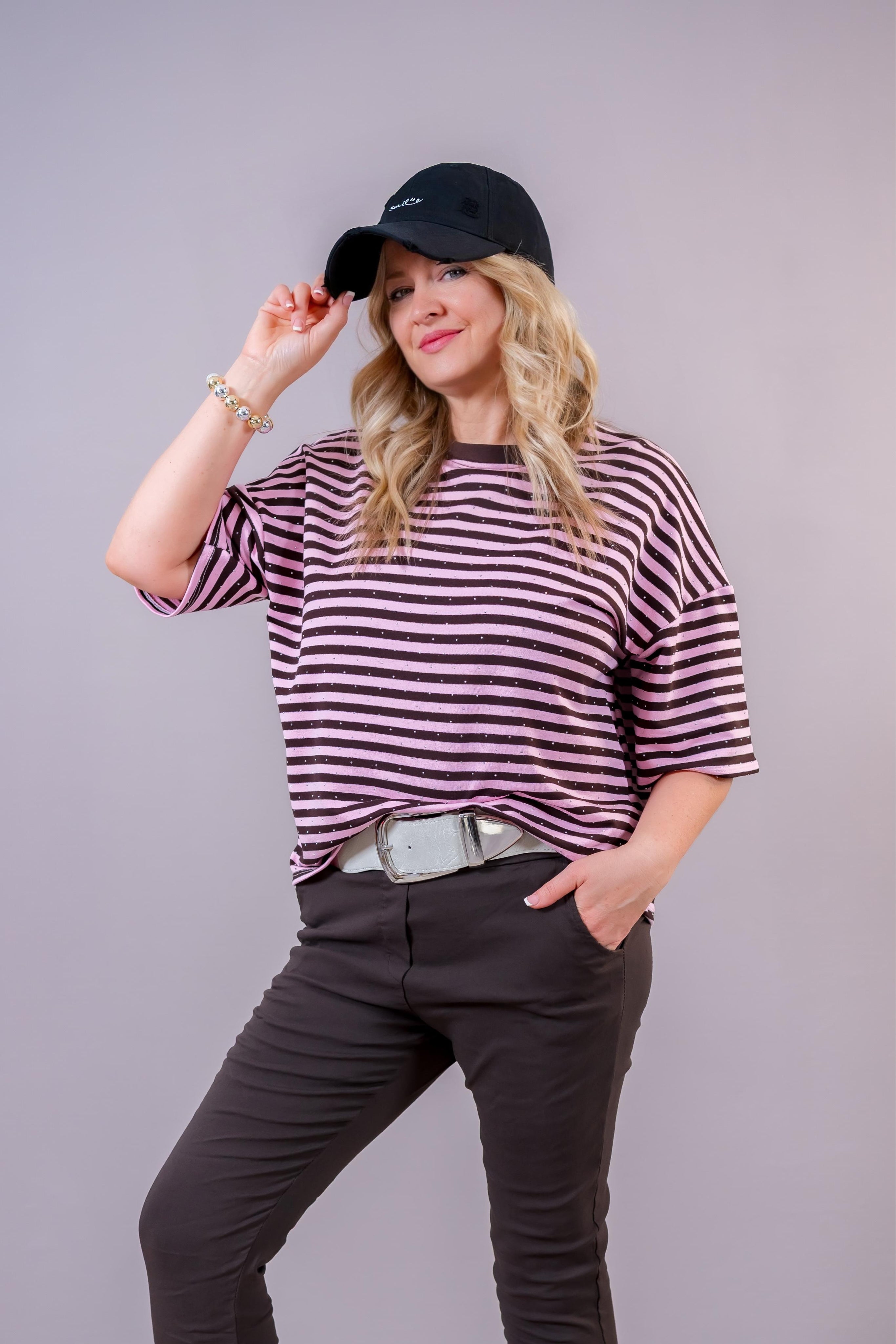 Ringel-Shirt mit Strasssteinen, rosa/braun