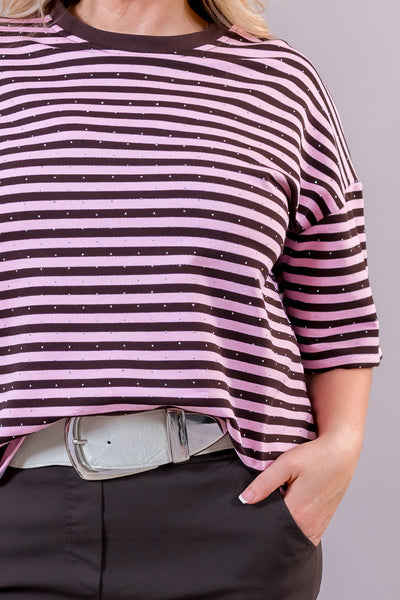 Ringel-Shirt mit Strasssteinen, rosa/braun