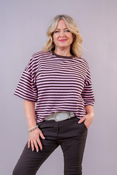 Ringel-Shirt mit Strasssteinen, rosa/braun