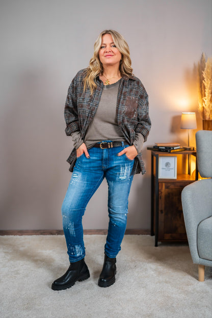 Karo-Hemd mit Lederdetails, braun/graun