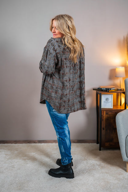 Karo-Hemd mit Lederdetails, braun/graun