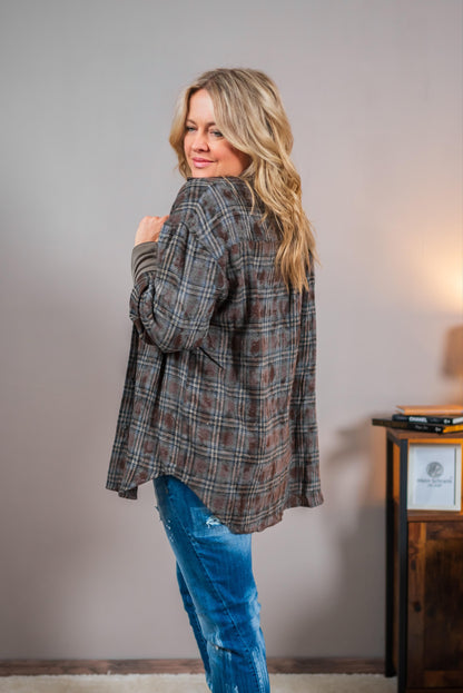 Karo-Hemd mit Lederdetails, braun/graun