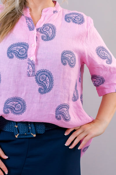 Leinen-Bluse mit Paisley-Muster, rosa