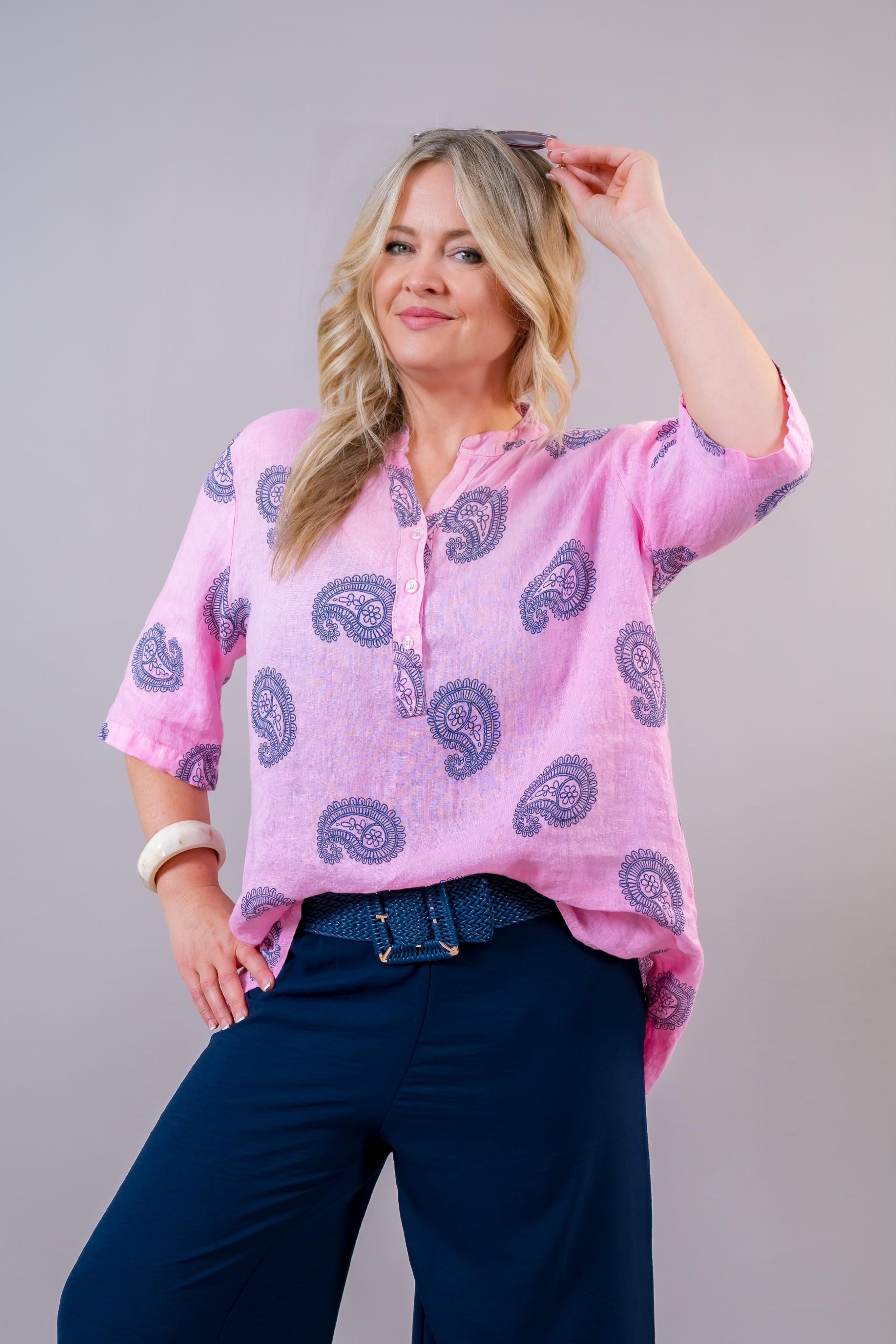 Leinen-Bluse mit Paisley-Muster, rosa