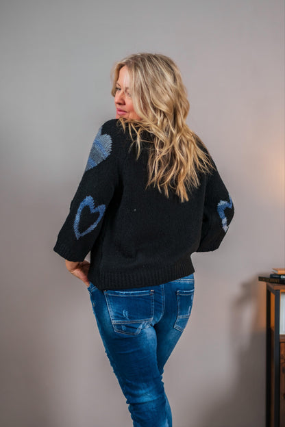Strickpullover mit Herz-Design, schwarz