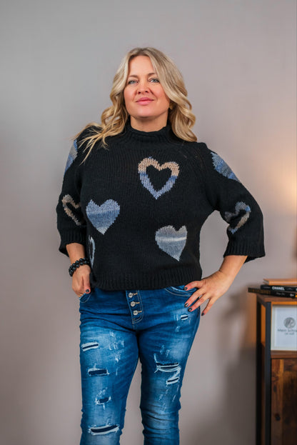 Strickpullover mit Herz-Design, schwarz