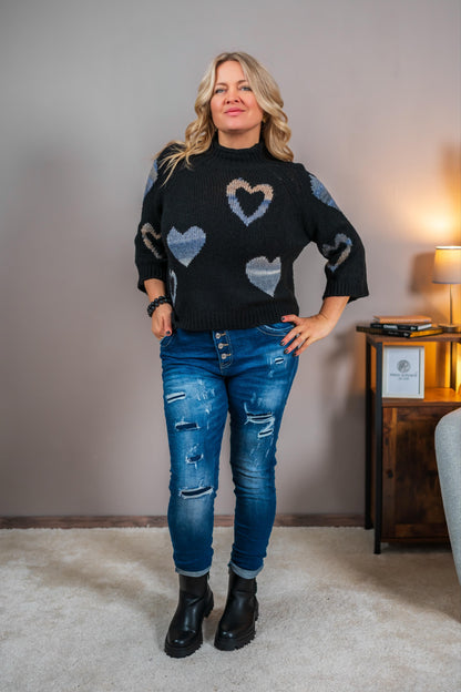 Strickpullover mit Herz-Design, schwarz