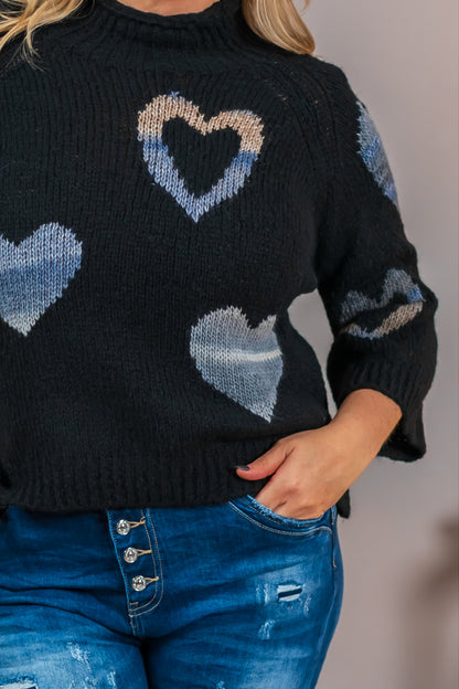 Strickpullover mit Herz-Design, schwarz