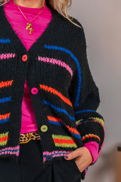 Strickjacke mit bunten Streifen und Knöpfen, schwarz