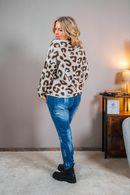 Kuscheliger Strickpullover mit angesagtem Leopardenmuster, creme