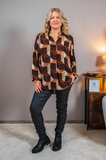 Bluse mit Würfel-Print, braun