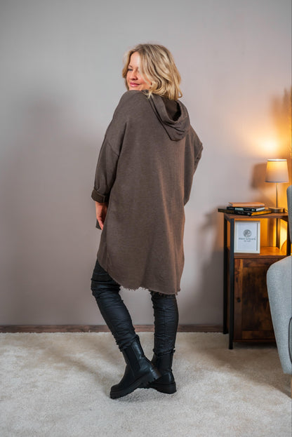 Long Hoodie "Amour" mit Goldprint, schokobraun