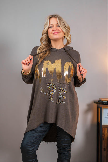 Long Hoodie "Amour" mit Goldprint, schokobraun