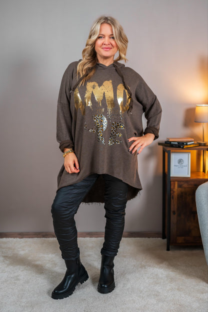 Long Hoodie "Amour" mit Goldprint, schokobraun