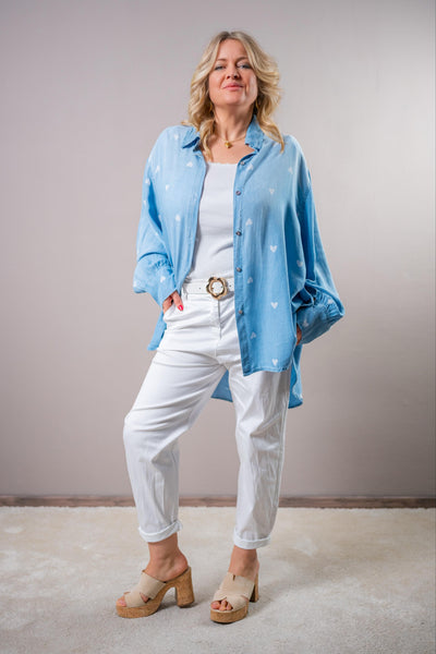 Hemdbluse in Denim-Optik mit Herzprint