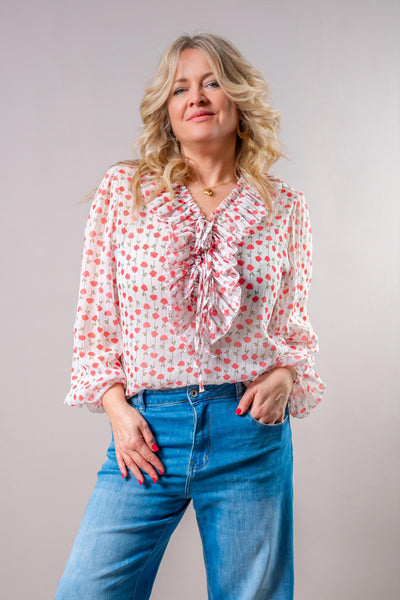 Romantische Bluse mit Blumenprint und Rüschenkragen