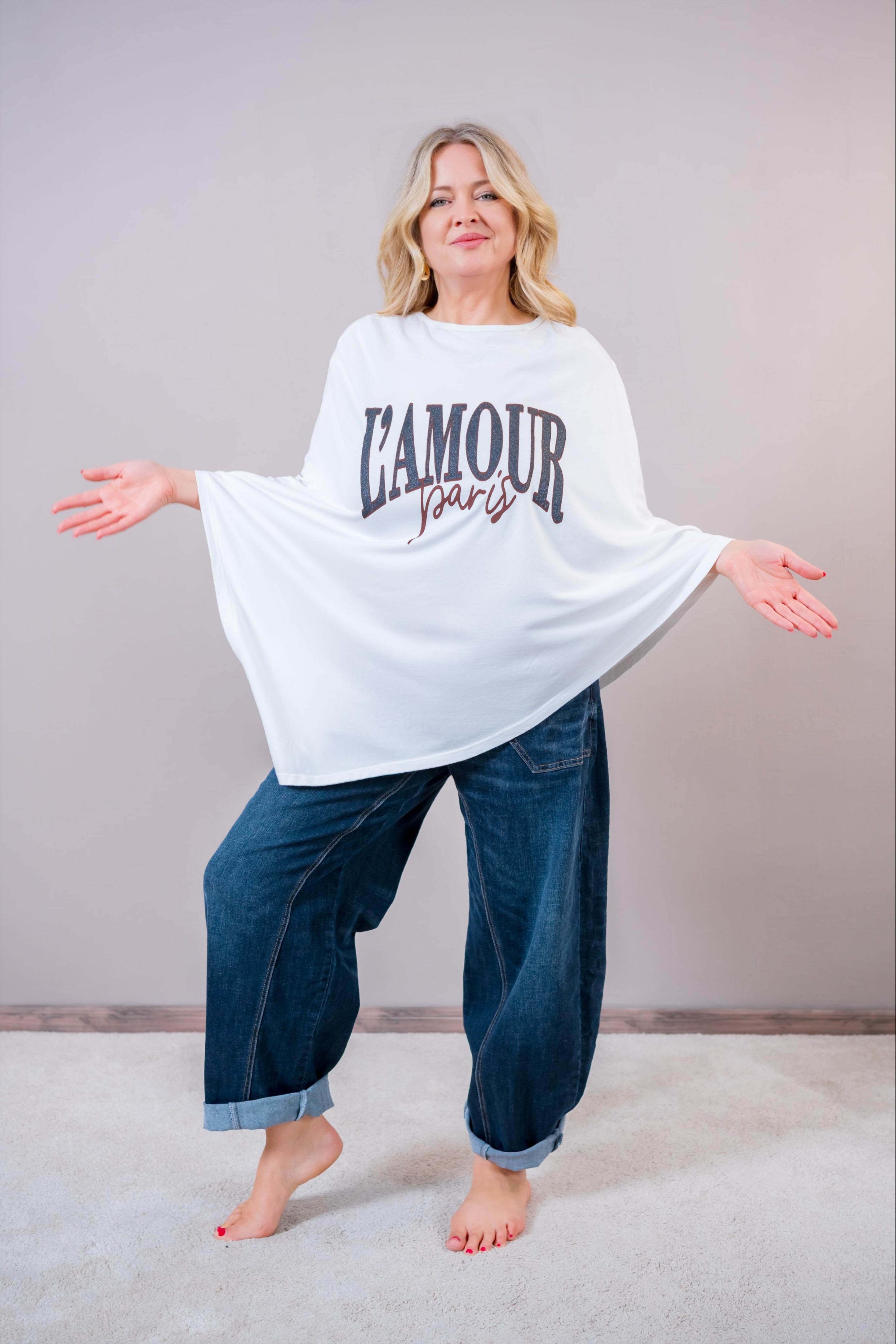 Oversize Poncho-Shirt "L'Amour Paris", weiß
