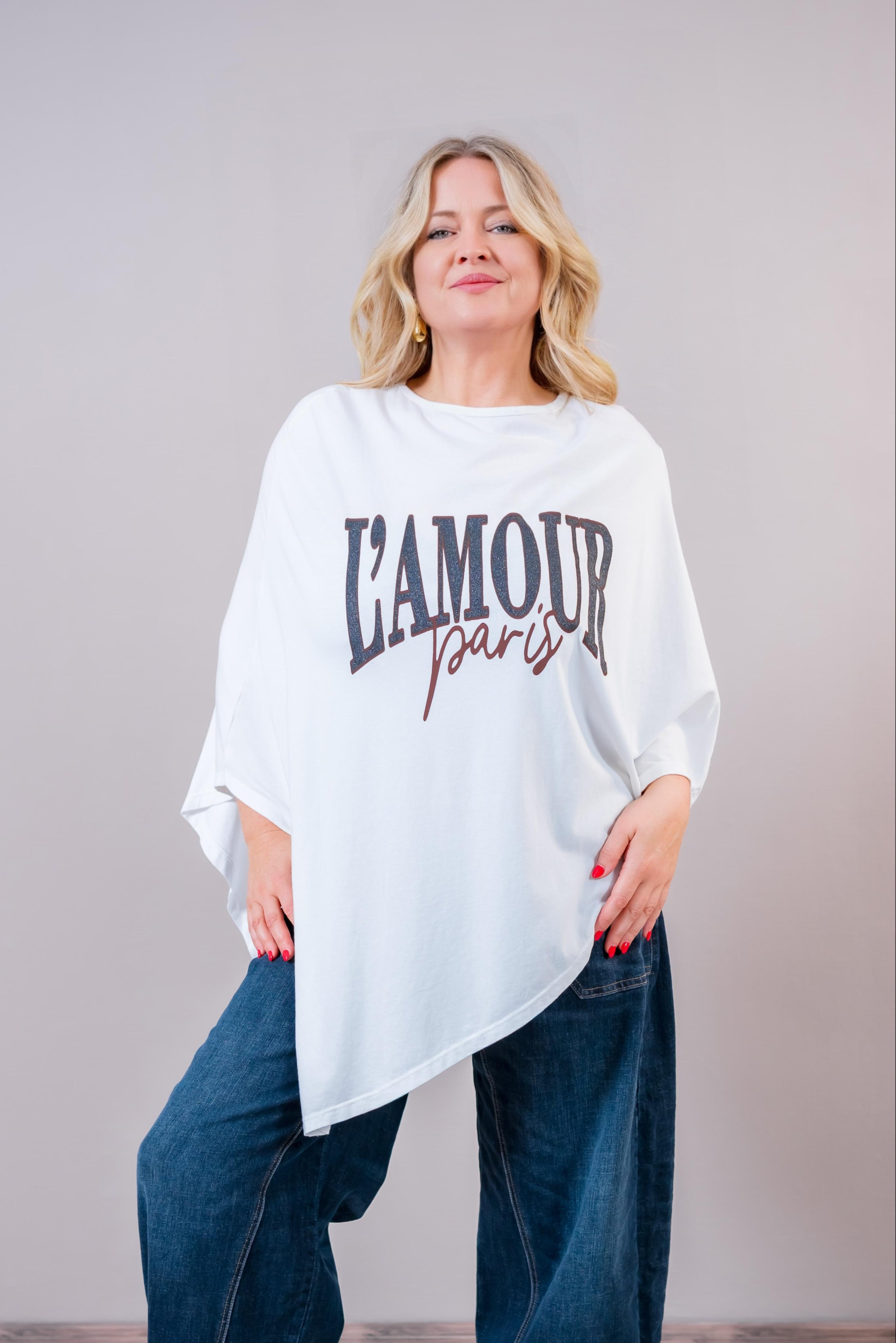 Oversize Poncho-Shirt "L'Amour Paris", weiß