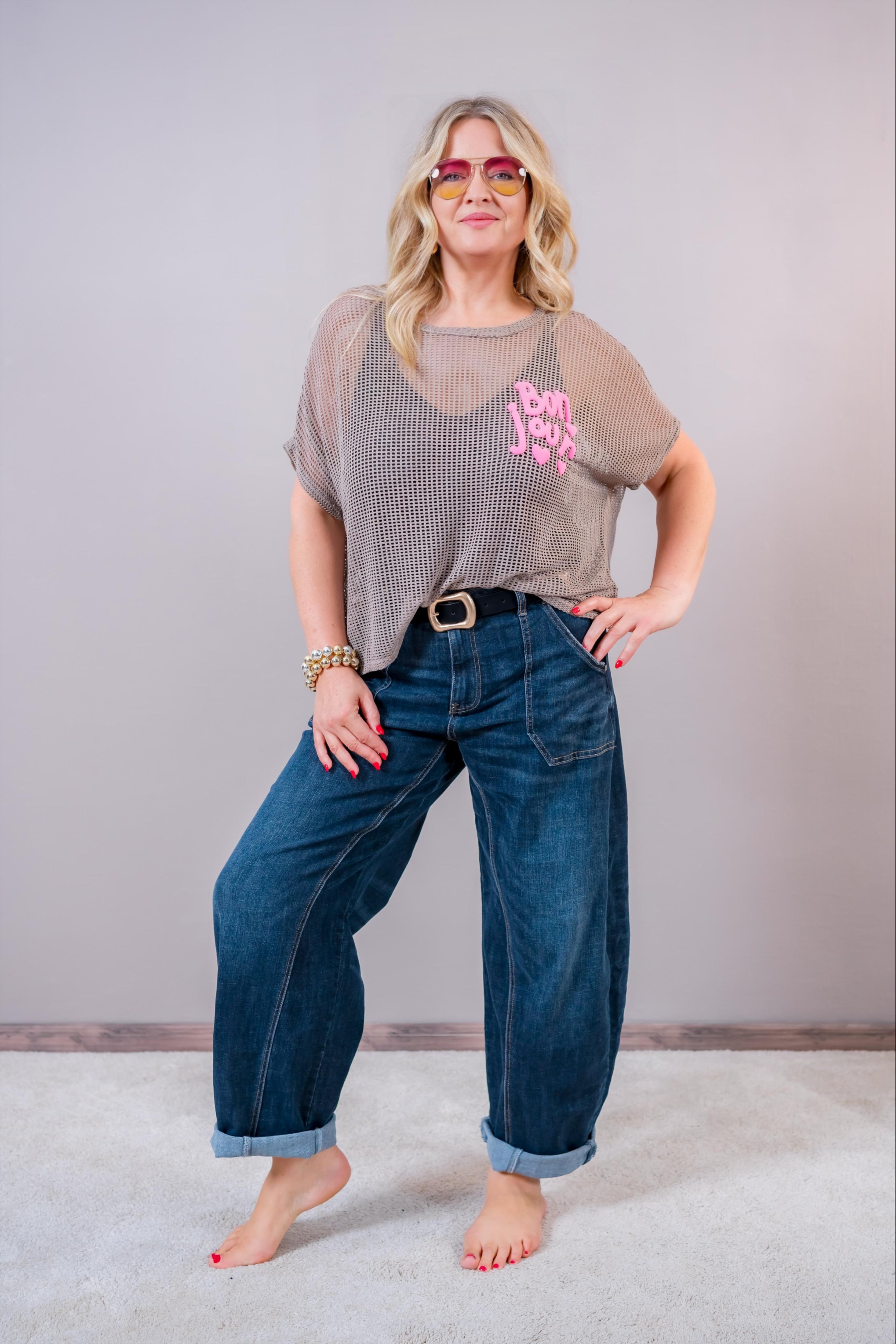 Leichtes Netzshirt "BonJour", taupe/pink