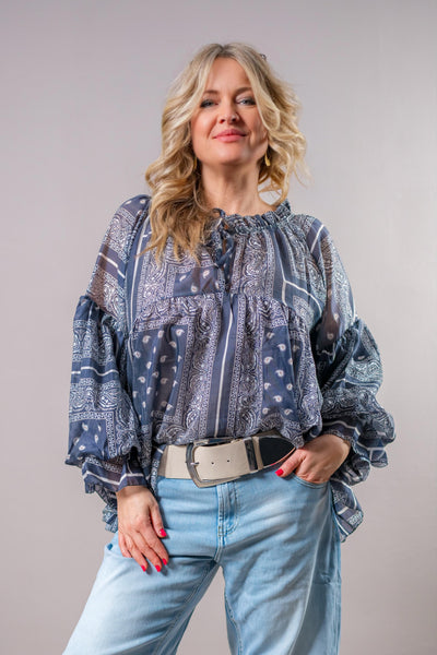 Tunika-Bluse mit Design und Volants, blau/weiß