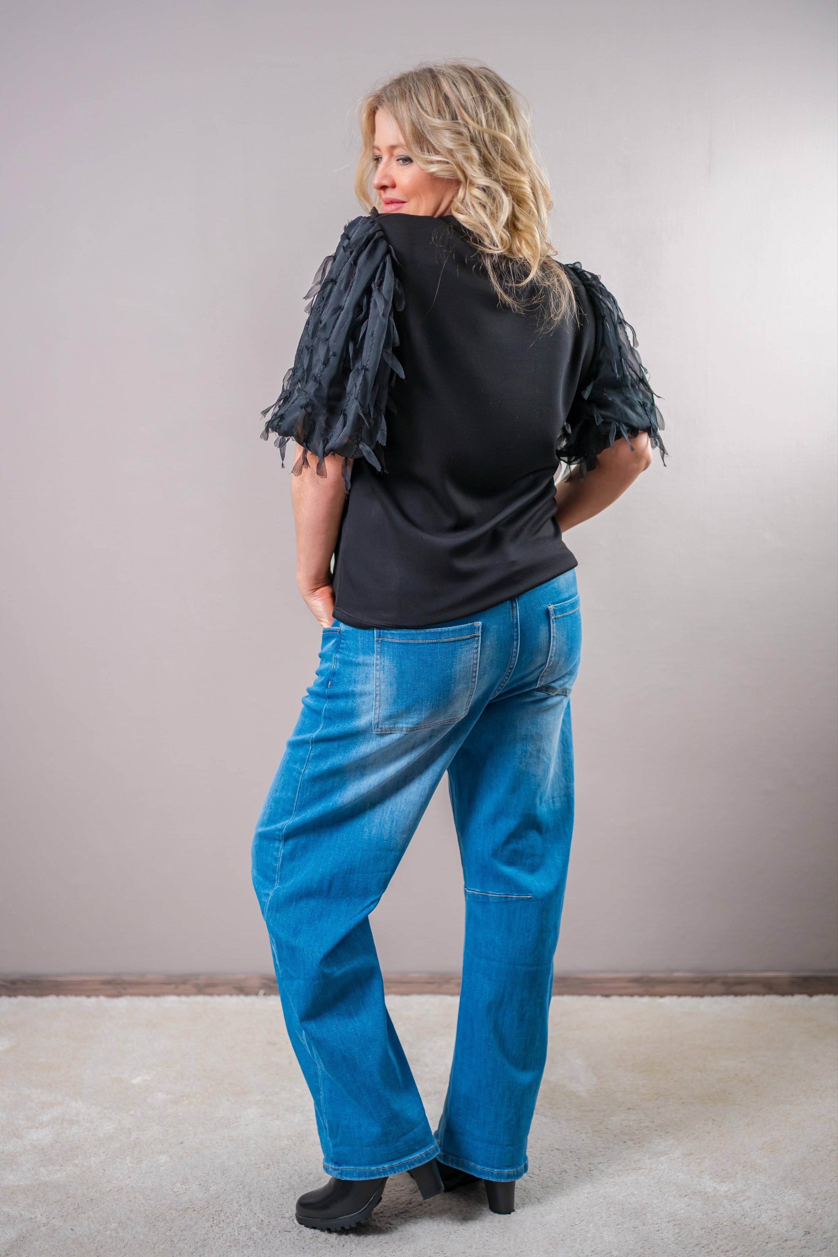 Stylisches Shirt mit Fransenärmeln, schwarz