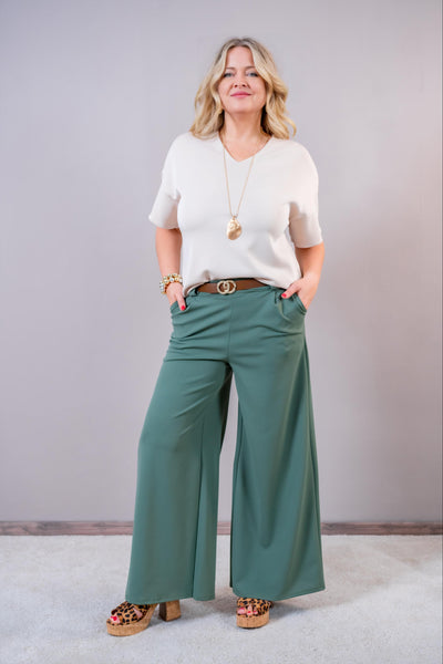 Weite Stoffhose mit Gürtel, salbei
