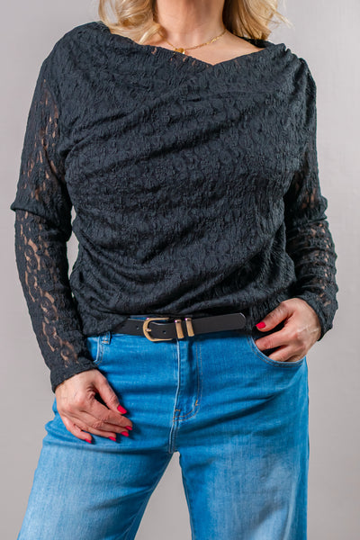 Langarmshirt mit Spitze und Wasserfallausschnitt, schwarz