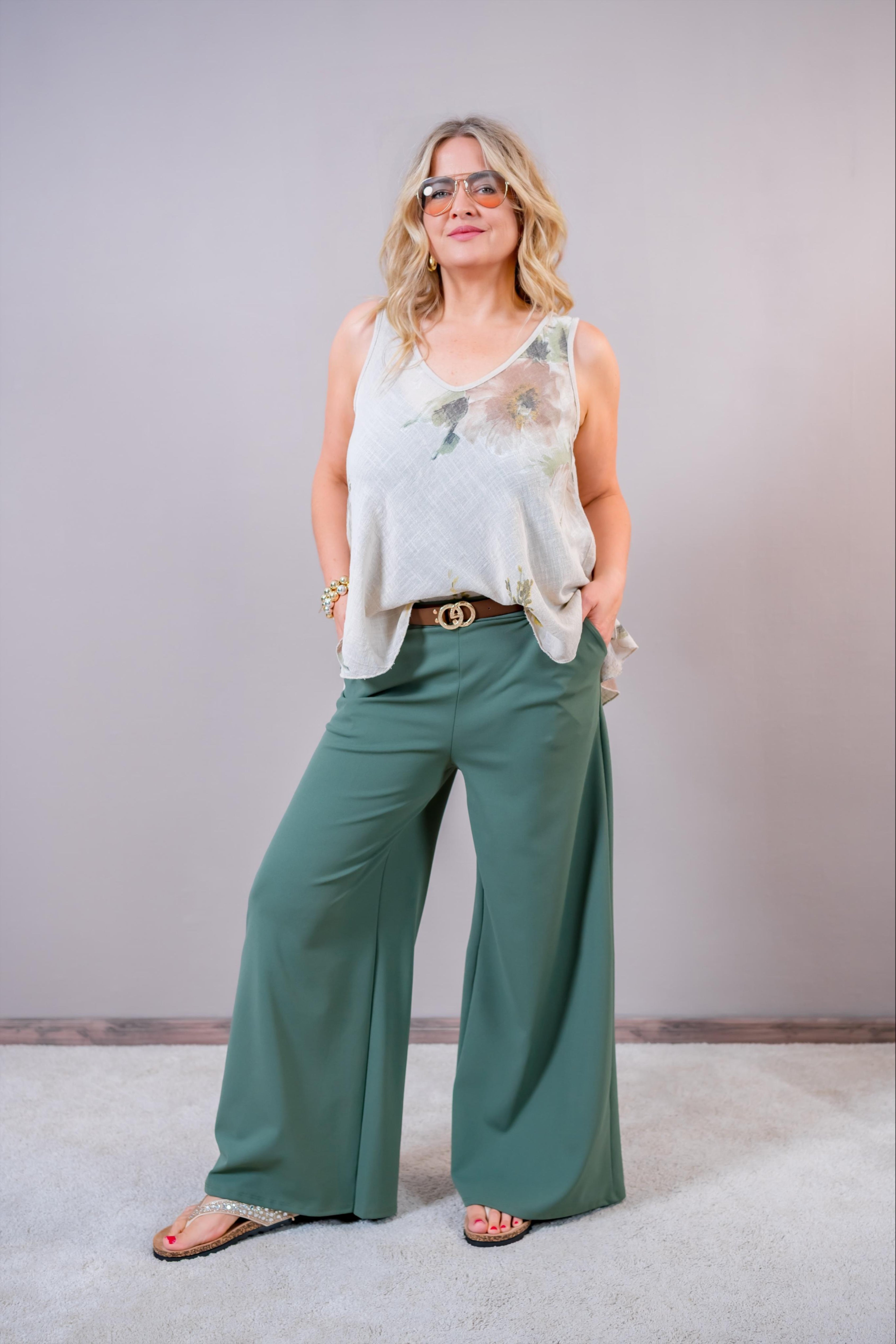 Weite Stoffhose mit Gürtel, salbei