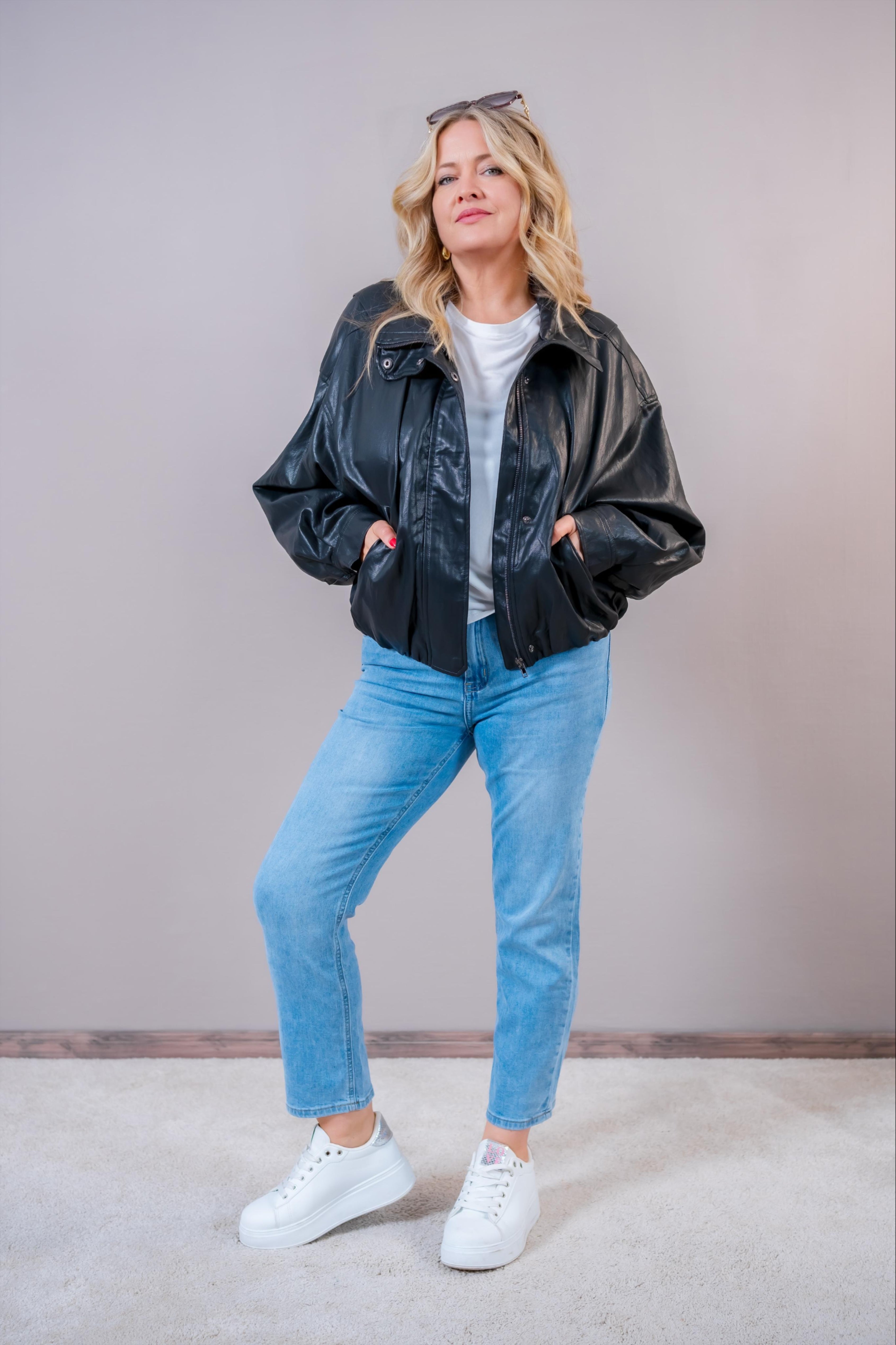 Oversize Kunstlederjacke, schwarz